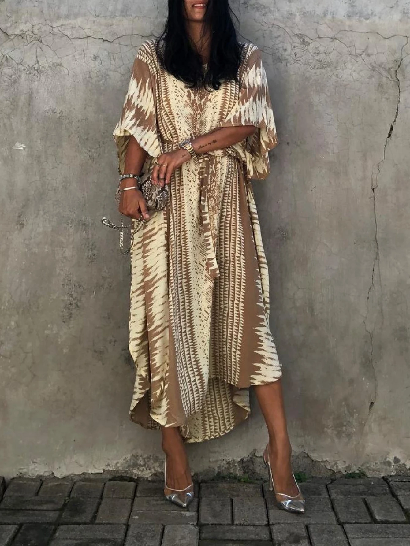 Women's Summer Kaftan Robe V-Neck Ethnic Printed Side Front Hem Slit Coverup Beach Vacation Casual Loose Plus Size Coverup Bikin