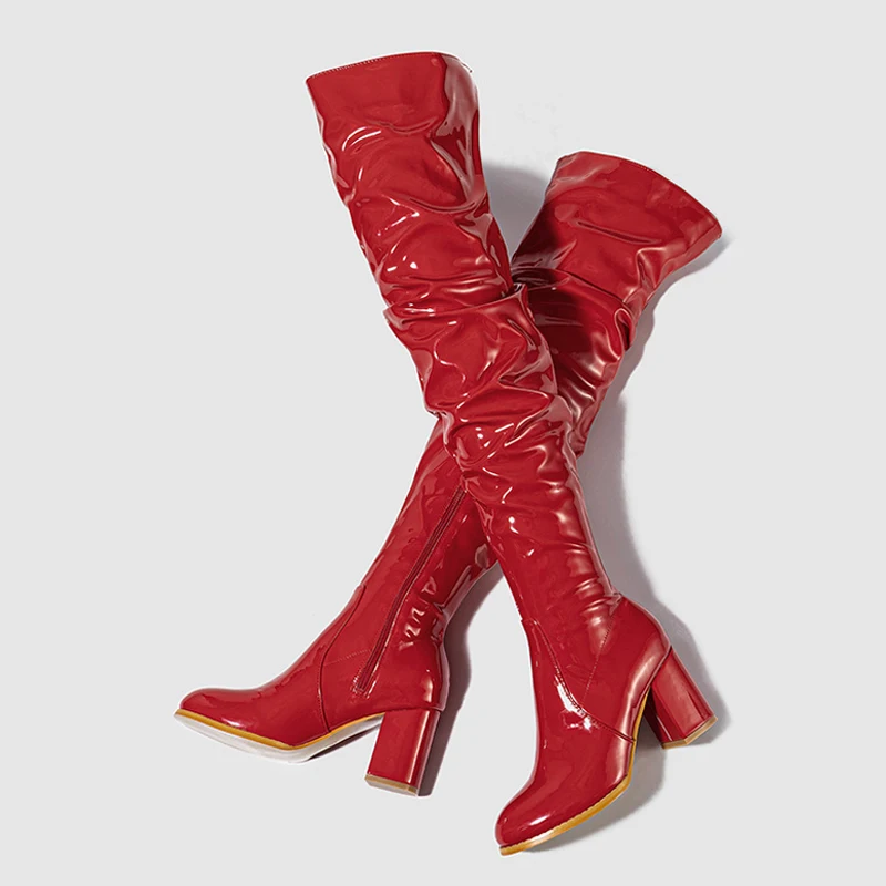 Liyke Fashion Round Toe Motorcycle Thigh High Boots Women Red Pleated Patent Leather Over The Knee Shoes Zip Autumn Winter Heels