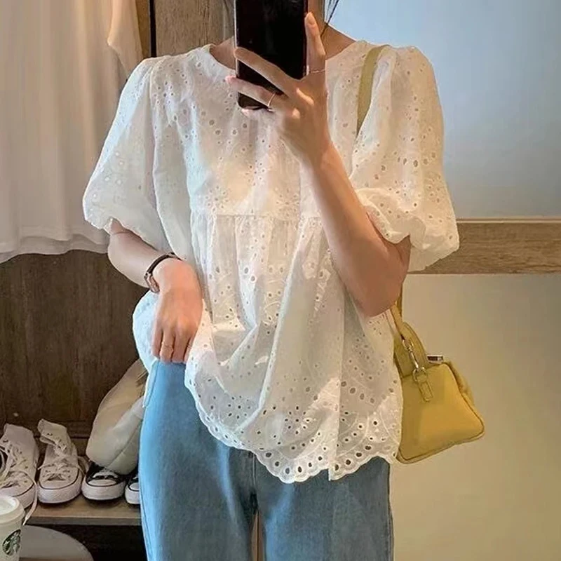 Summer French Style Embroidery Hollow Out Shirt New White Lace Blouse for Women Short Puff Sleeve Tops Round Collar Clothes 930