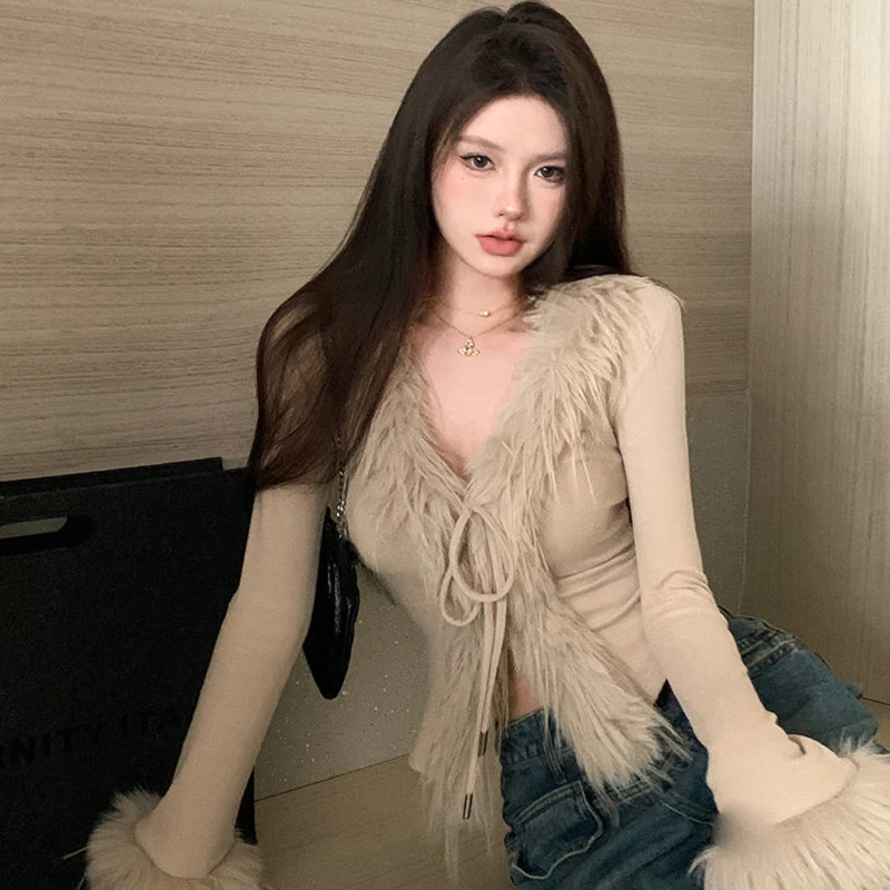 Korean Hot Girl Furry V-neck Long Sleeve Irregular Slim Short Sweater Cardigan