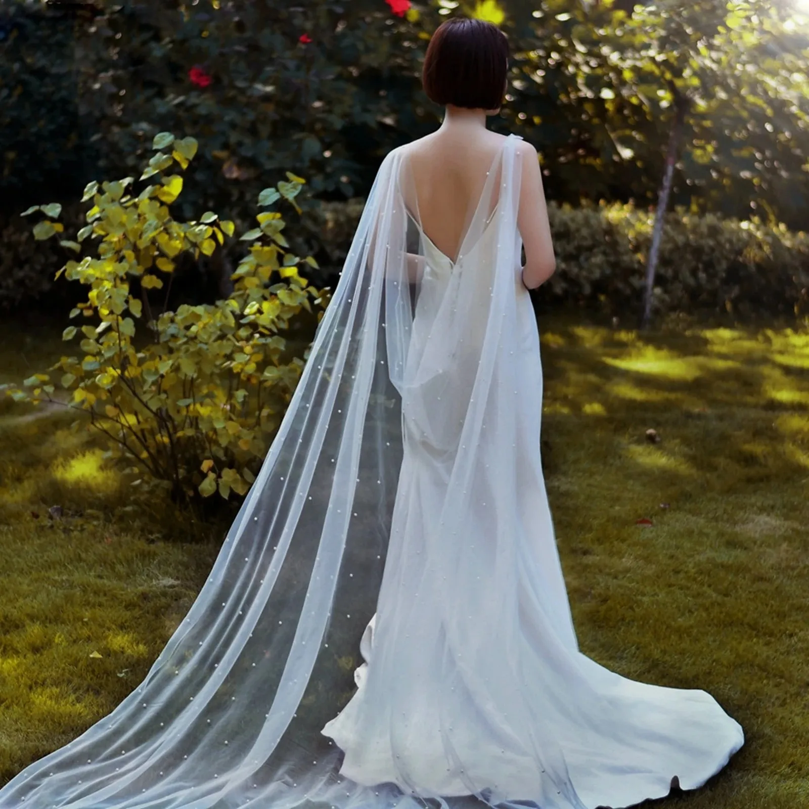 3M Long Pearl Tulle Cape with Safety Pins Detachable Sheer Bridal Shoulder Cape for Wedding Dress Prom Evening Gown Photography