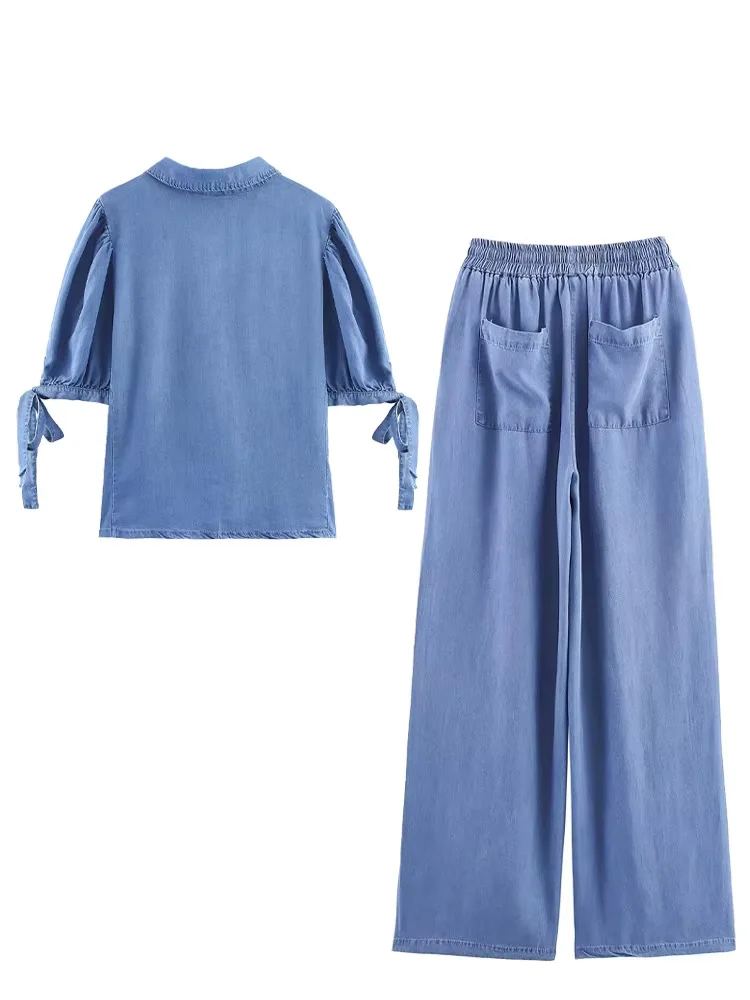 HH-Conjunto de pantalones de otoño para mujer, camisas con decoración de lazo y cuello vuelto de manga corta con un solo pecho + pantalones de pierna ancha con cintura elástica