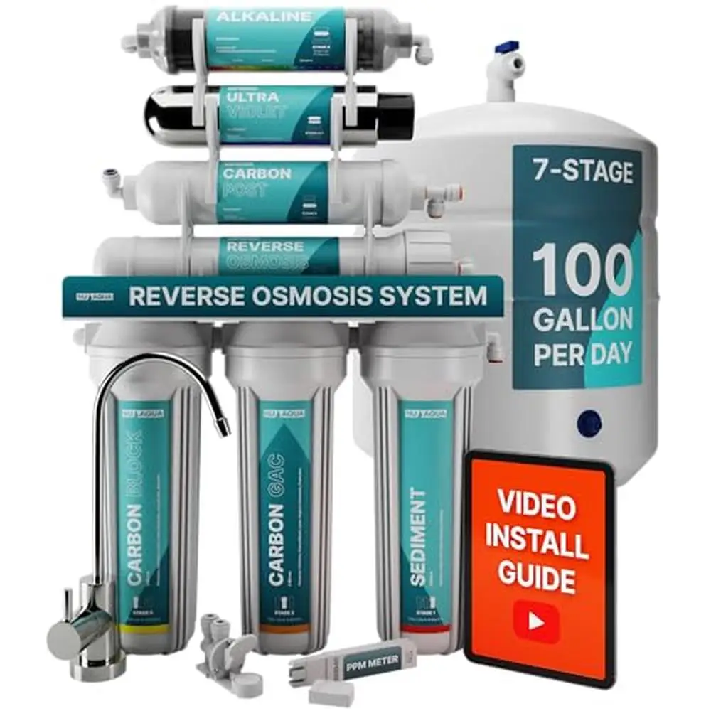 7-Stage UV & Alkaline Under Sink RO Water Filter System 100 GPD Clean Healthy Water Easy Install PPM Meter Stainless Steel Tank