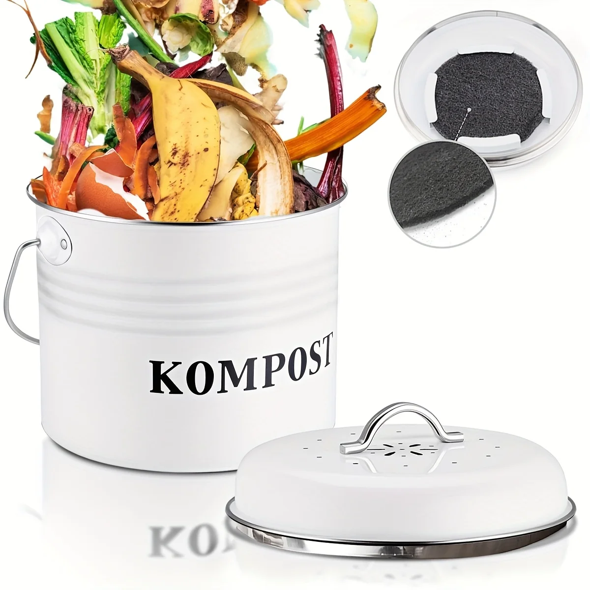 

Compost Bin Kitchen, Rust Proof Indoor Food Waste Bin with 2 Bonus Charcoal Filters, Kitchen Compost Bin with Lid & Handle