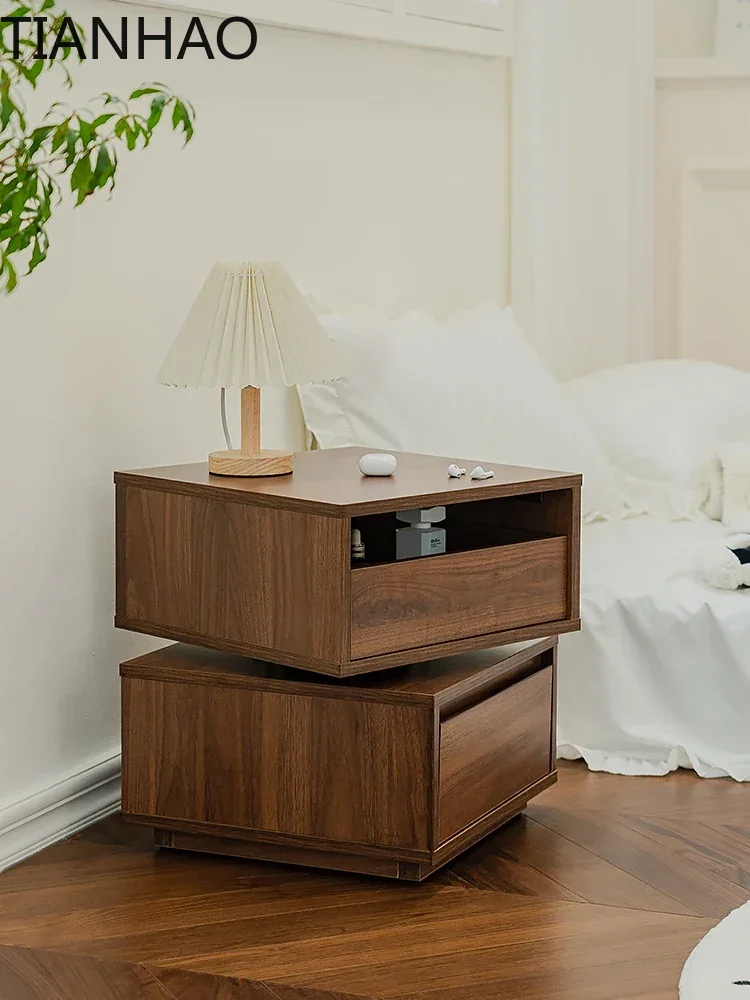Retro Rotating Bedside Tables,Solid Wood,Nordic Living Room Storage Cabinet,Luxury Home Nightstands,Bedroom Furniture