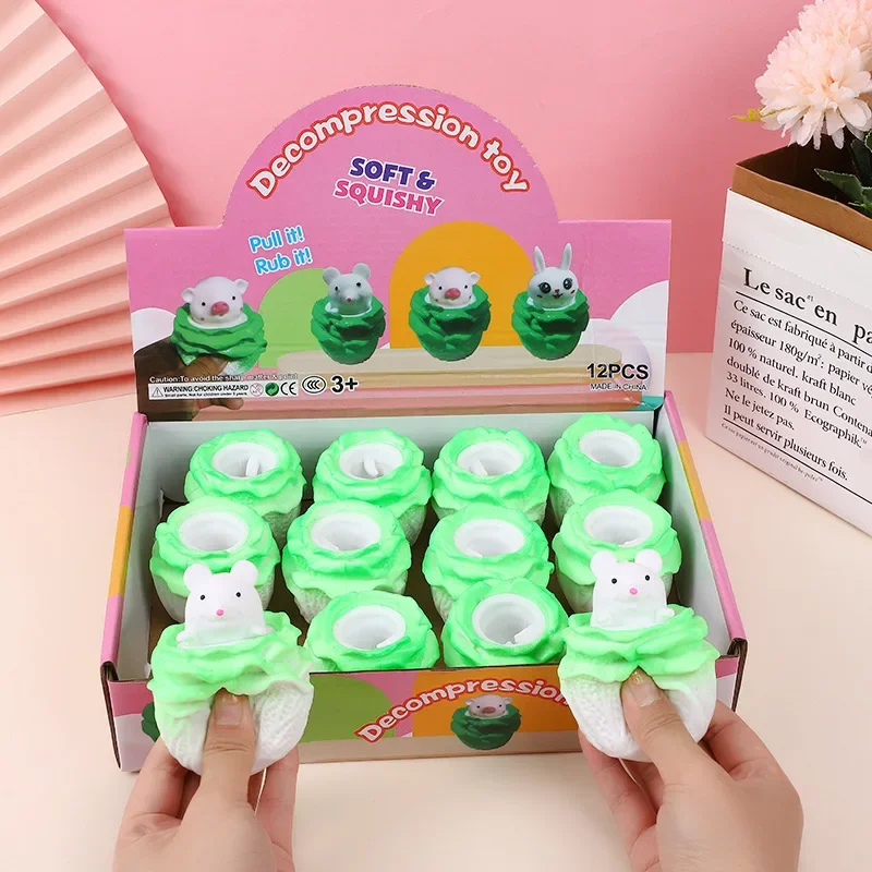3pcs 어린이 게임 짜기 장난감 스트레스 릴리프 장난감 스트레스 완화 도구 탄력 환기 장난감 시뮬레이션 양배추 토끼 돼지 마우스