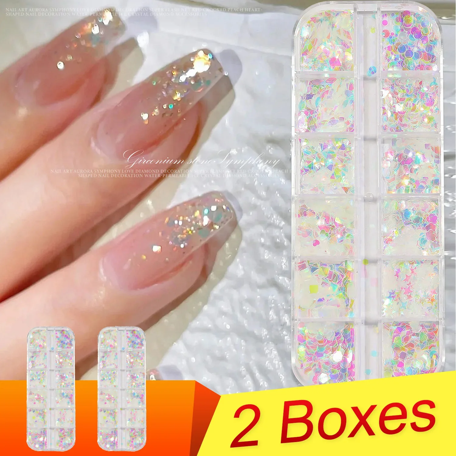 

2 Boxes 12 Grids Holographic Glitter Sequins Nail Art Decorations Rhinestones DIY Kit False Nail Decls