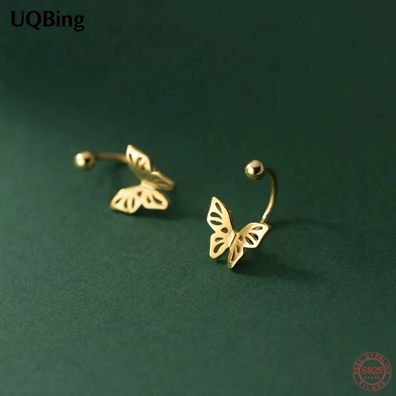 925 Sterling Silver Hollow Butterfly Shape 18K Gold Plated Screw Stud Earrings for Women