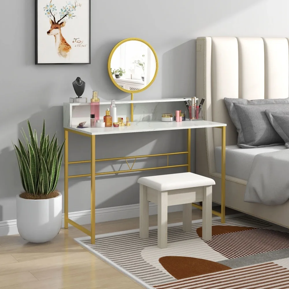 

Modern Vanity Makeup Desk with Mirror, Faux Marble Finish and Steel Frame for Bedroom Dressing Table with Open Storage