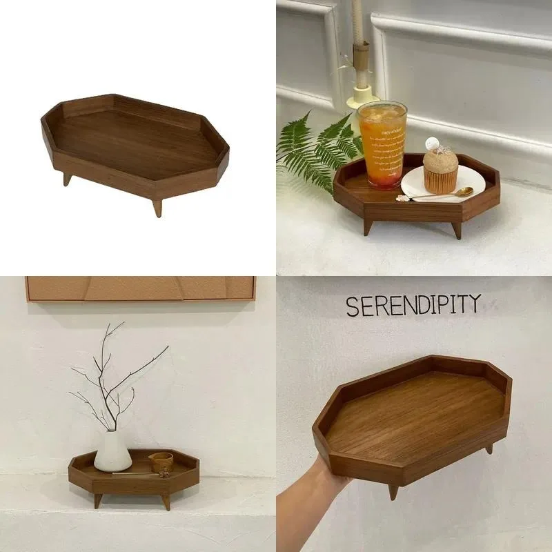 for Modern retro single-layer teak bamboo octagonal tray lacquered wood tea set living room household storage tea
