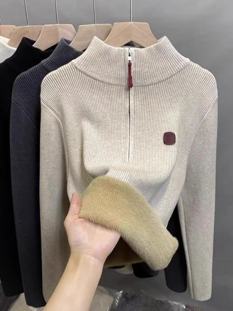 

Thiened Fce Zipper f High Collar Knitted Sweater Women's Base irt Autumn Winter New Sle Inner Wear Top