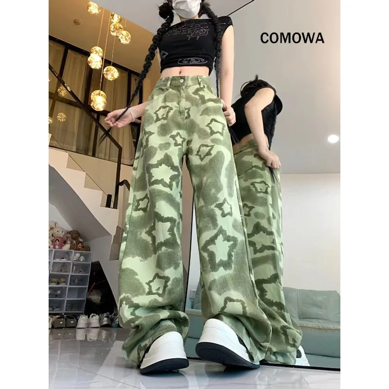 

American Retro Green Camouflage Star Pants Autumn Straight High Street Jeans