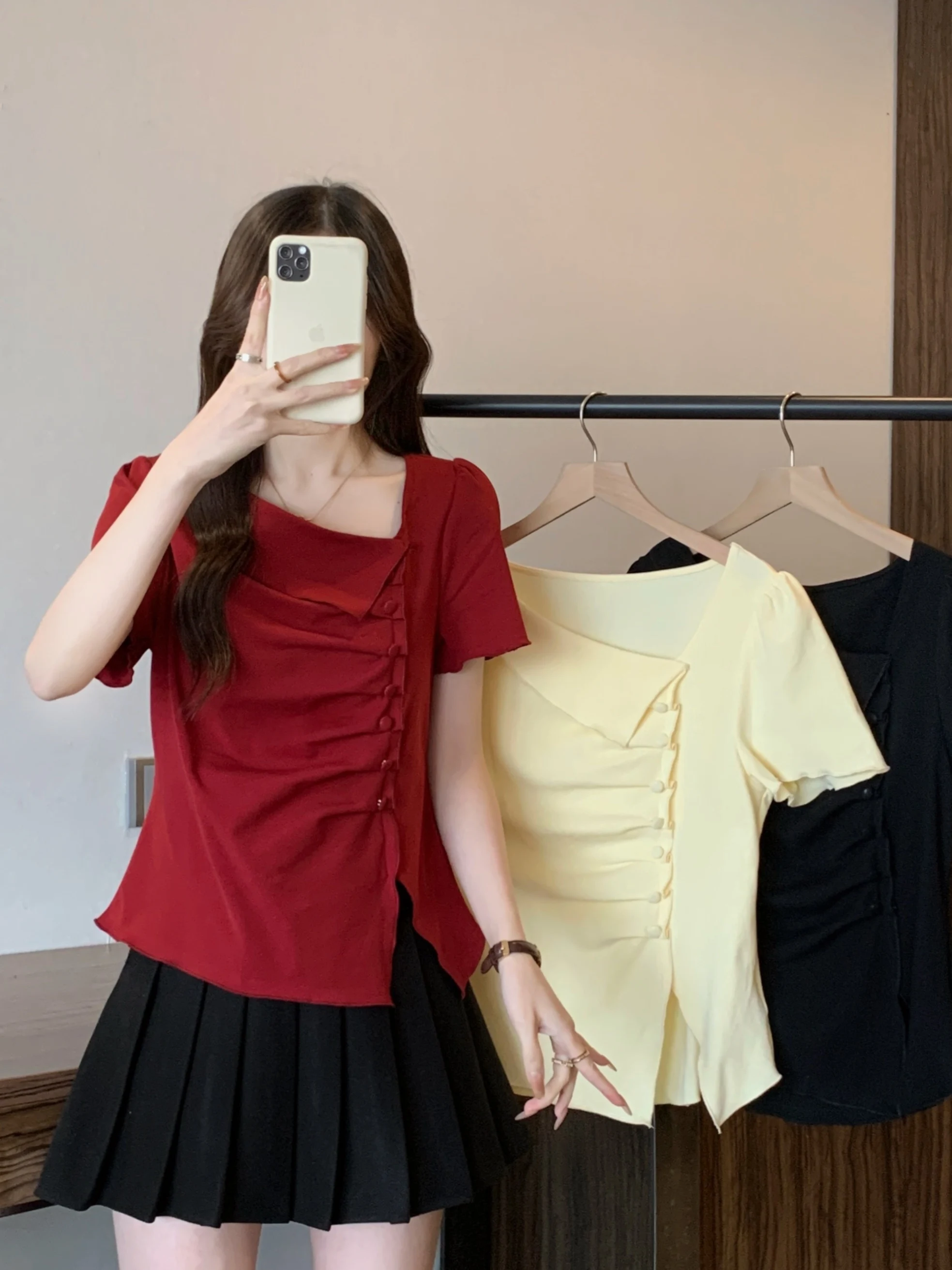 

plus Size Women's Pure Desire Fashion Short Sleeve T-Shirt Summer New Design Waist Cinching Pleated Top Korean Style Slim Fit