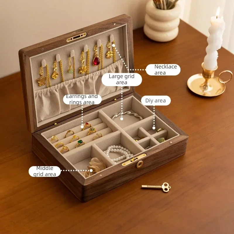 Hand‑painted Wooden Jewelry Box with Security Lock, Elegant Trinket Organizer for Gold Rings Earrings Necklaces, Wedding Gift