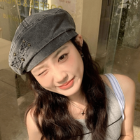 Adjustable Japanese Style Washed Cotton Demin Berets Retro Rivet Patch Painter Hat Casual Literary Artist Cap Men/Women