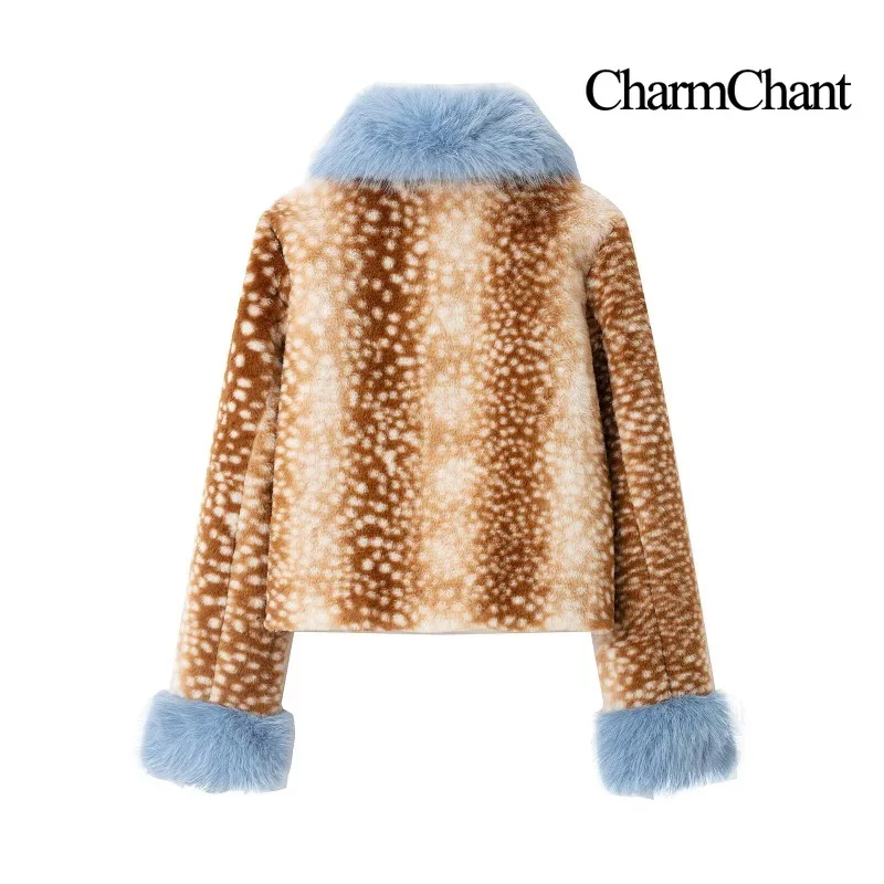 CHARMCHANT Women's Deer Print Faux Fur Cropped Jacket Retro Y2K Blue Contrast Oversized Plush Collar Wide Cuffs Cute Winter 2026