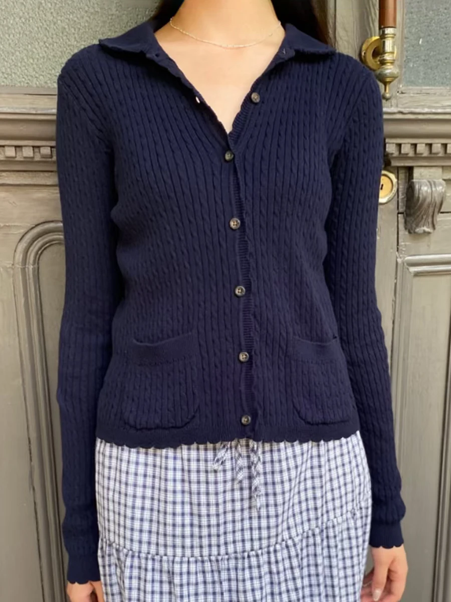 

Twisted Flower Navy Slim Sweater Cardigan Woman Autumn Pockets Lapel Single Breasted Knitwear New Preppy Style Solid Crop Tops