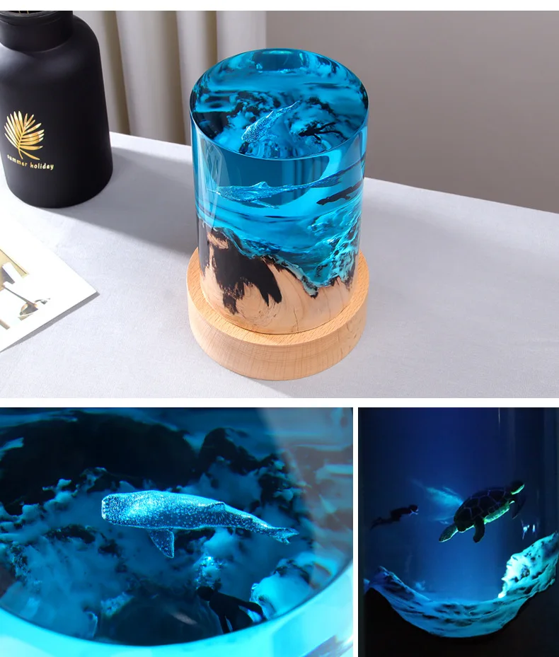 NEW Desktop Handmade Micro Landscape Ornament Ocean Turtle Whale Shark Diver Cylindrical Solid Wood Resin Night Light Gift