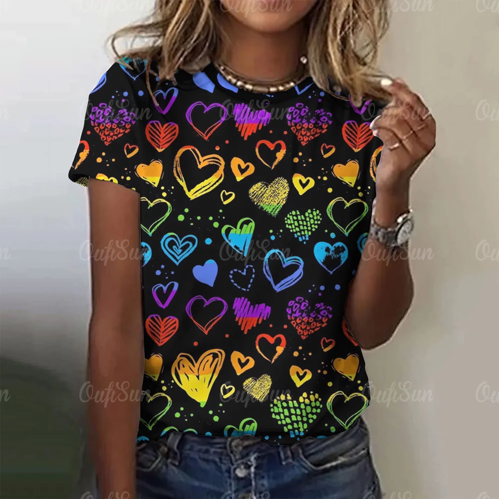 Women\'s T-Shirt O Neck Short Sleeve Pullover 3d Colorful Printed T Shirt For Women Love Graphical Female Clothing 2024 T-Shirts