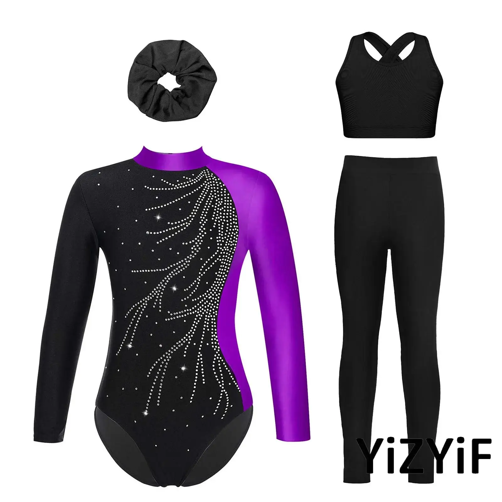 

Комплект из 4 предметов для девочек: гимнастический костюм для балета и танцев, леотард с воротником-стойкой и вырезом на спине, украшенный стразами + жилет + леггинсы + повязка для волос