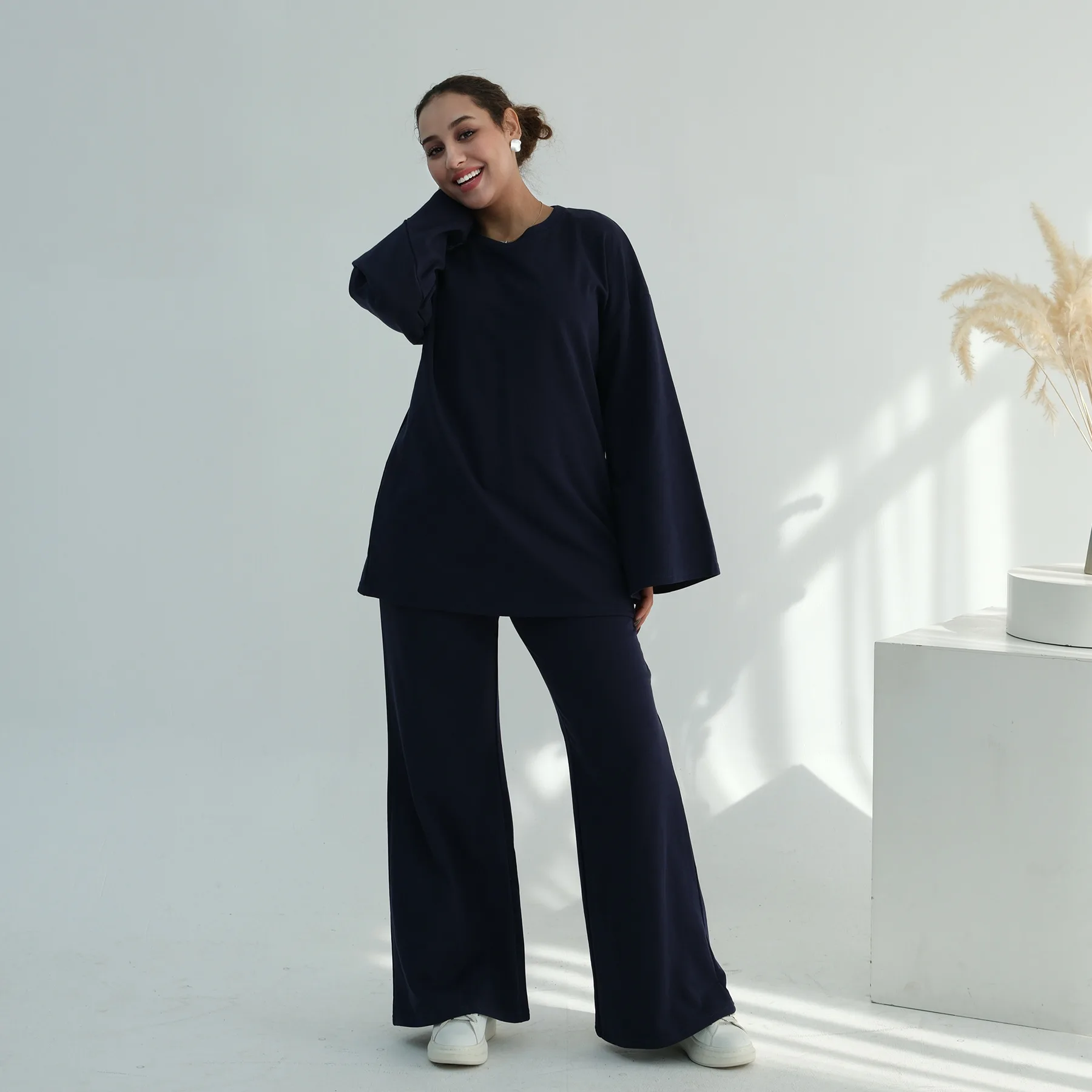 ชุดมุสลิมสำหรับวันอีด 2 ชิ้น เสื้อติดเข็มขัด กางเกงขายาว ชุดอิสลาม ตุรกี คาฟตัน ดูไบ อาบายะ ชุดลำลองสำหรับผู้หญิงมุสลิม