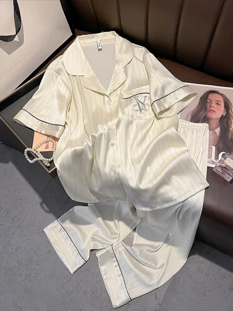 New high-quality bright striped silk pajamas for men and women, short sleeved pants, simple and thin home clothes