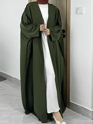 Ramadan Solid Open Front  Abaya Muslim, Elegant Long Sleeve Maxi Length Cover Up Simple Women Kaftans, Women's Clothing