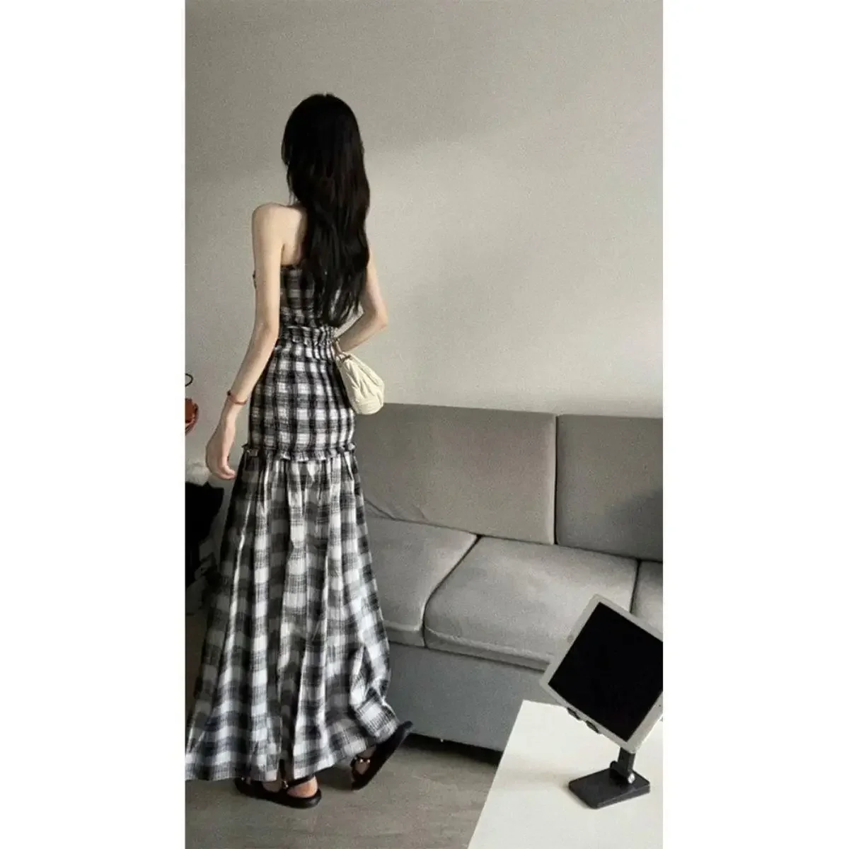 Vintage Plaid Dress Women Sexy Slit Strapless Irregular A Line Midi Dresses Korean Split Slash Neck Slim Sundress Vestidos