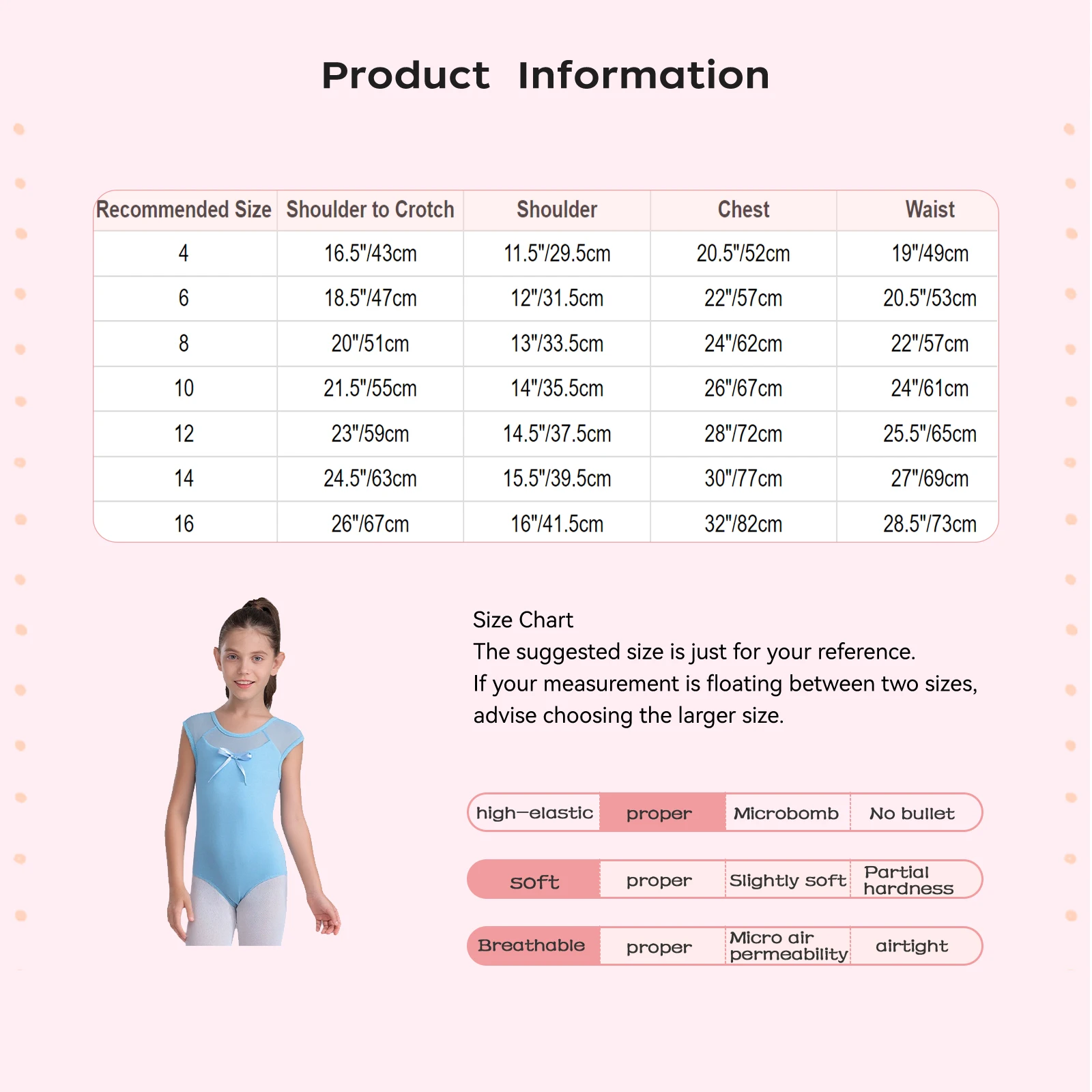 ชุดบอดี้สูทเด็กผู้หญิงสำหรับยิมนาสติกและบัลเลต์ แบบผูกโบว์เว้าหลัง ผ้าตาข่ายโปร่งแสง ชุดจั๊มสูทสำหรับเต้นรำ ชุดแสดง