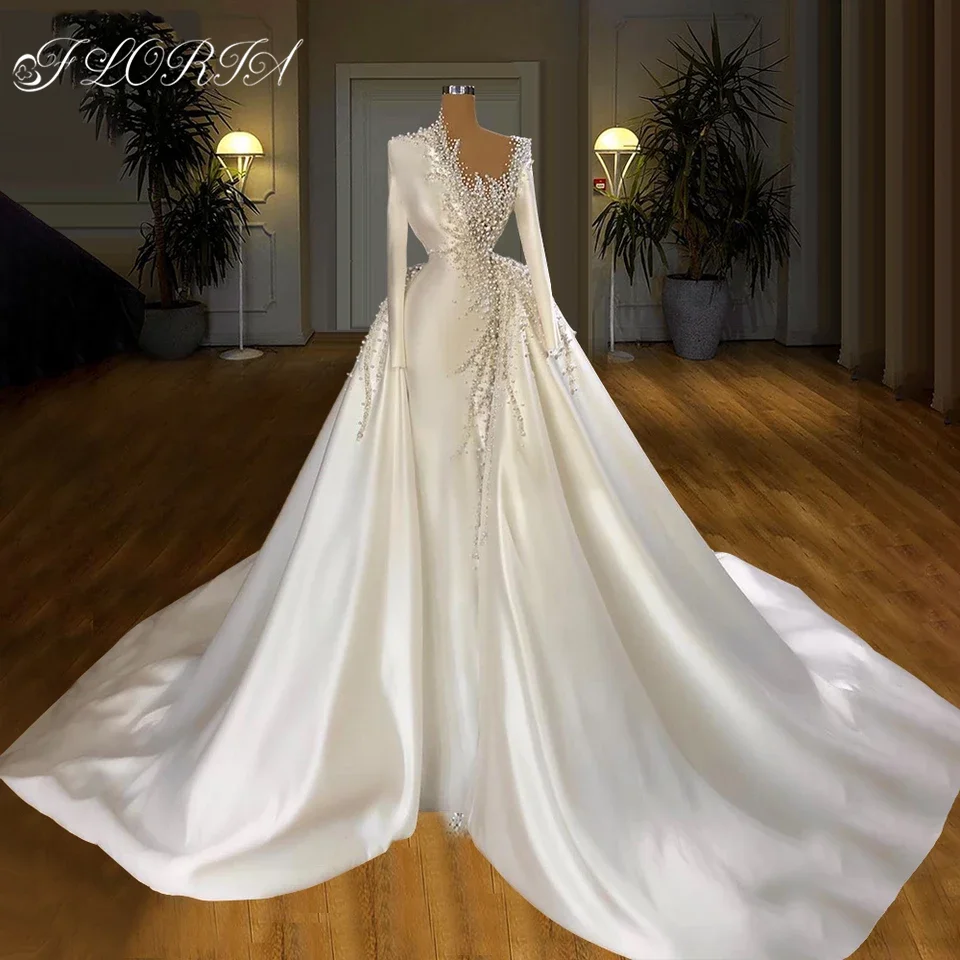 Splendid Beaded Pearls Satin Wedding Dresses With Detachable Skirt Couture Long Sleeves Crystal Bridal Gowns Wedding Gowns 2024