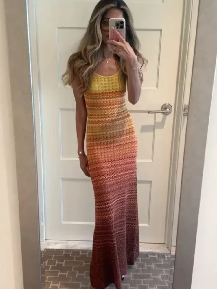 

Fashion Gradient Women Knitted Maxi Elegant V-neck Sleeveless Bodycon Long Dresses 2025 Female Chic Beach Party Holiday Robes