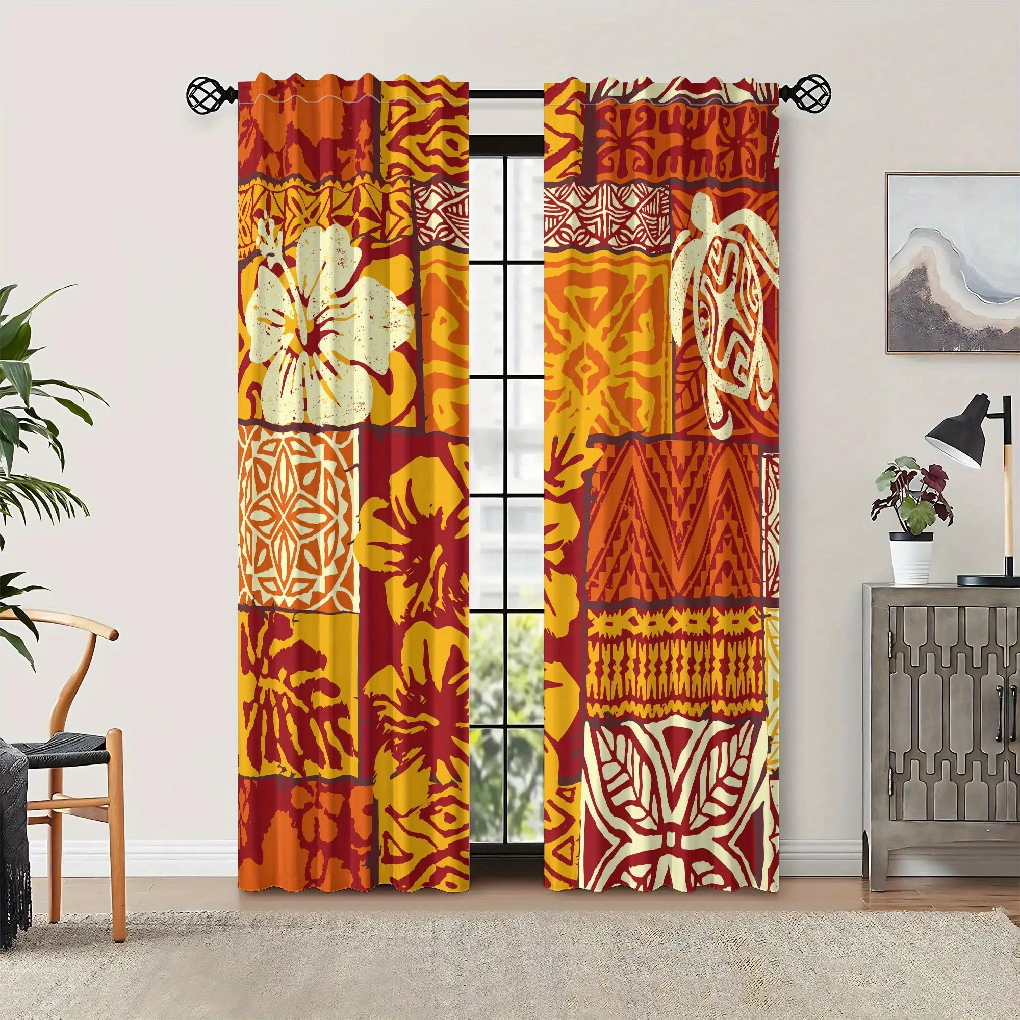 Retro tapa style curtains, pole-mounted installation. Suitable for living rooms, bedrooms, dining rooms and hotels.