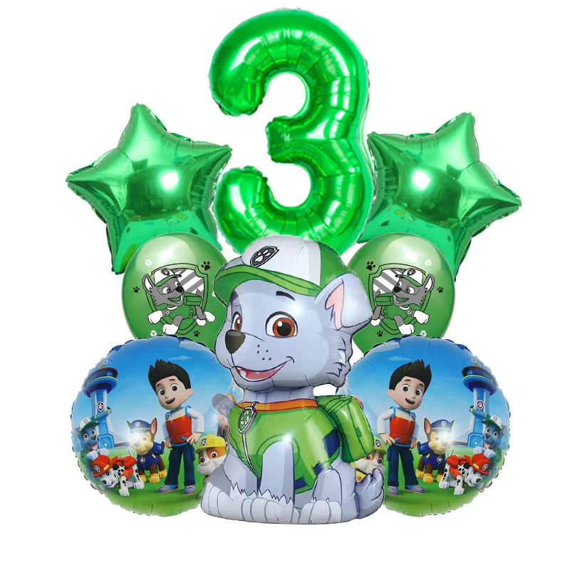8pcs Paw Patrol Rocky Birthday Balloon Set Green Number 0-9 Star Foil Latex Balloons for Birthday Party Decor Supplies - view 3