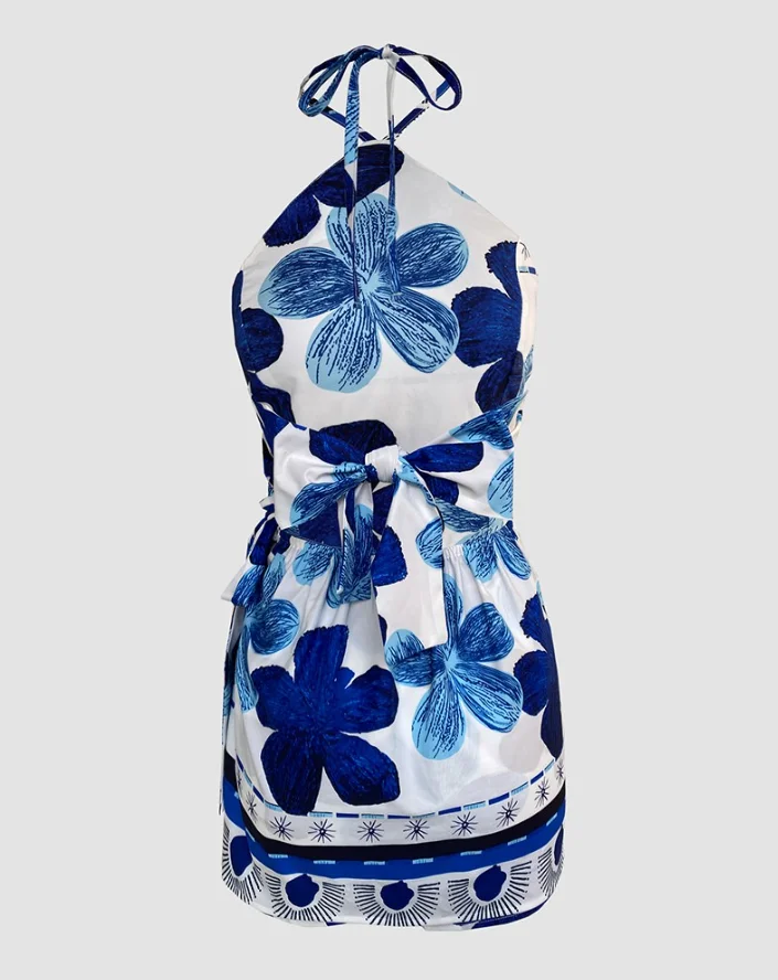 New Fashion 2025 Summer Sexy Elegant Jumpsuits Floral Print Halter Neck Tie Waist One Piece Romper with Skirted Detail
