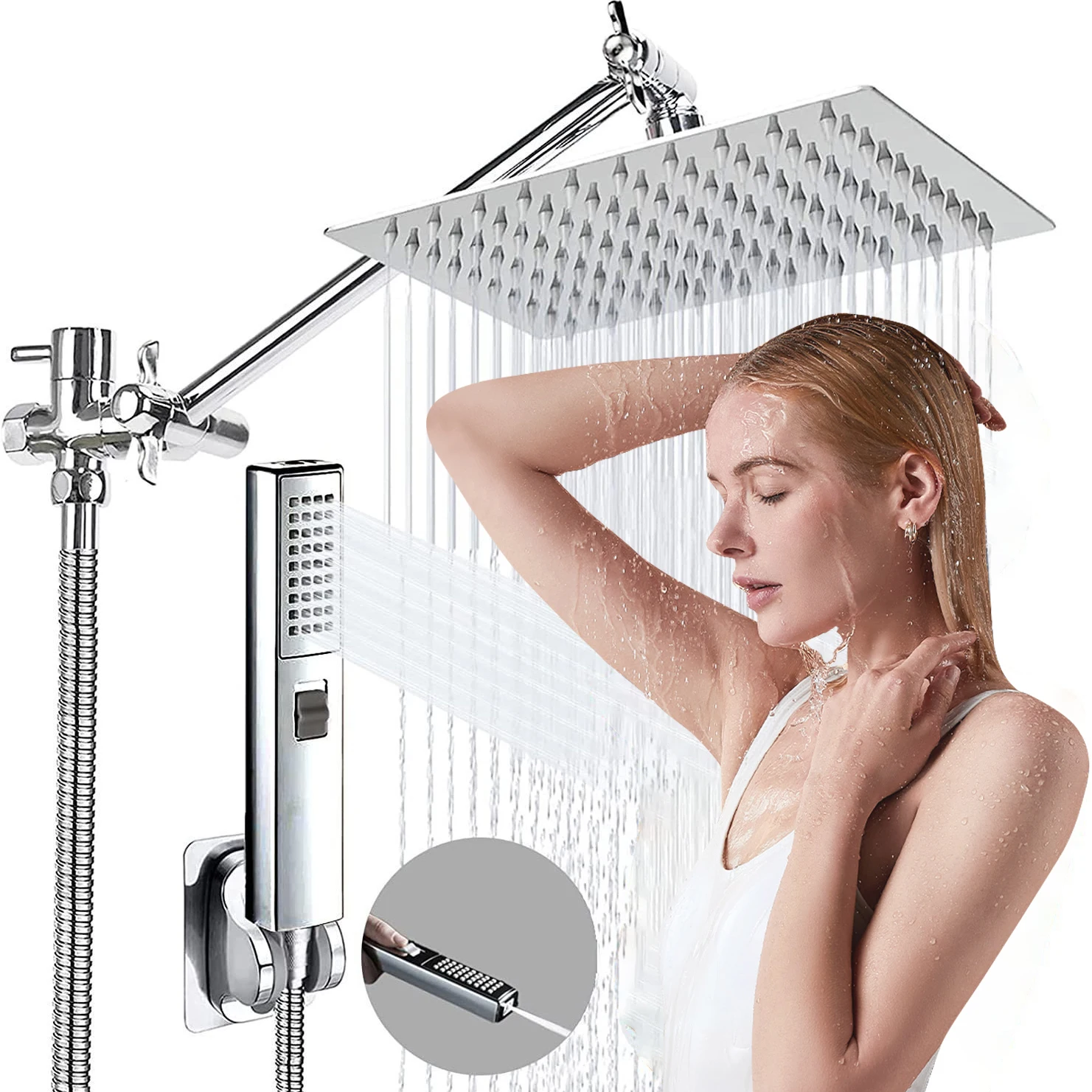 Bathroom chrome plated concealed stainless steel pressurized shower shower set with extended lever arm, toilet top spray shower