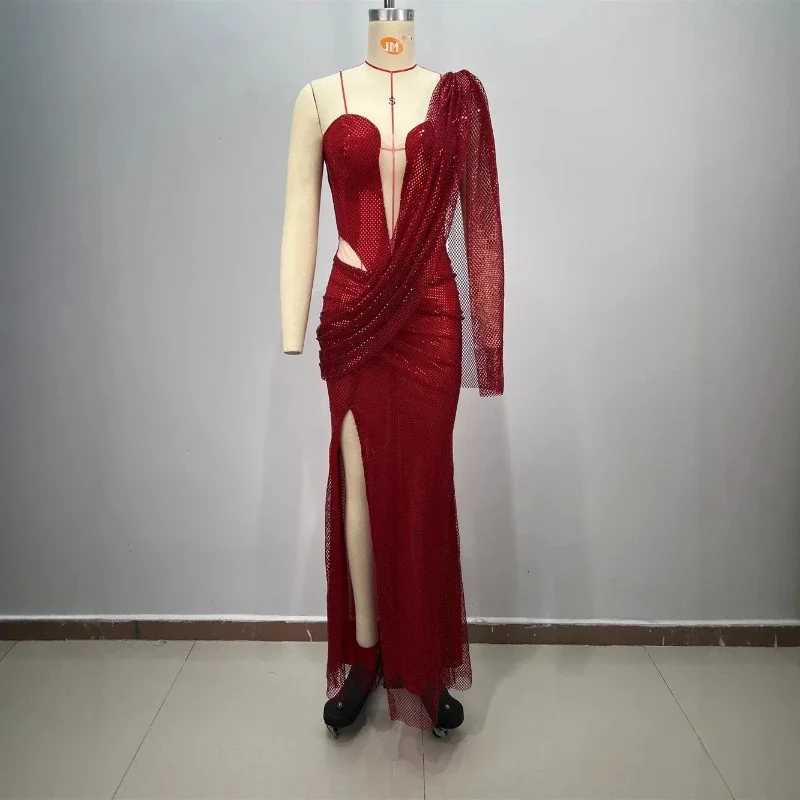 

Новое винно-красное сексуальное облегающее длинное платье из сетки с глубоким V-образным вырезом, без рукавов, с открытыми плечами, без спинки, с разрезом, для вечерних выходов