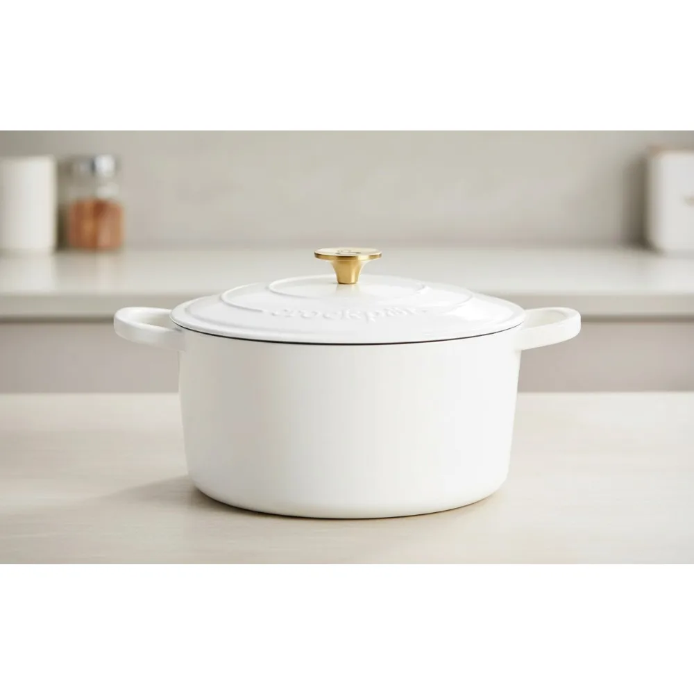 

Холлированная духовка из эмалированного чугуна на 6 литров с крышкой — матовая белая и золотая ручка, безопасная для духовки до 450 ° Ф