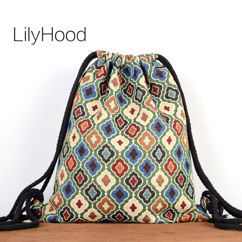 

Women Jacquard Boho Chic Gypsy Drawstring Backpack Bag Big Size Travel Ecology Hippie Aztec Ibiza Ethnic Fabric Textile Daypack