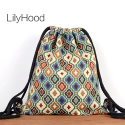 Zaino da donna jacquard Boho Chic Gypsy con coulisse Borsa da viaggio di grandi dimensioni Ecologia Hippie Azteco Ibiza Tessuto etnico Zaino in tessuto