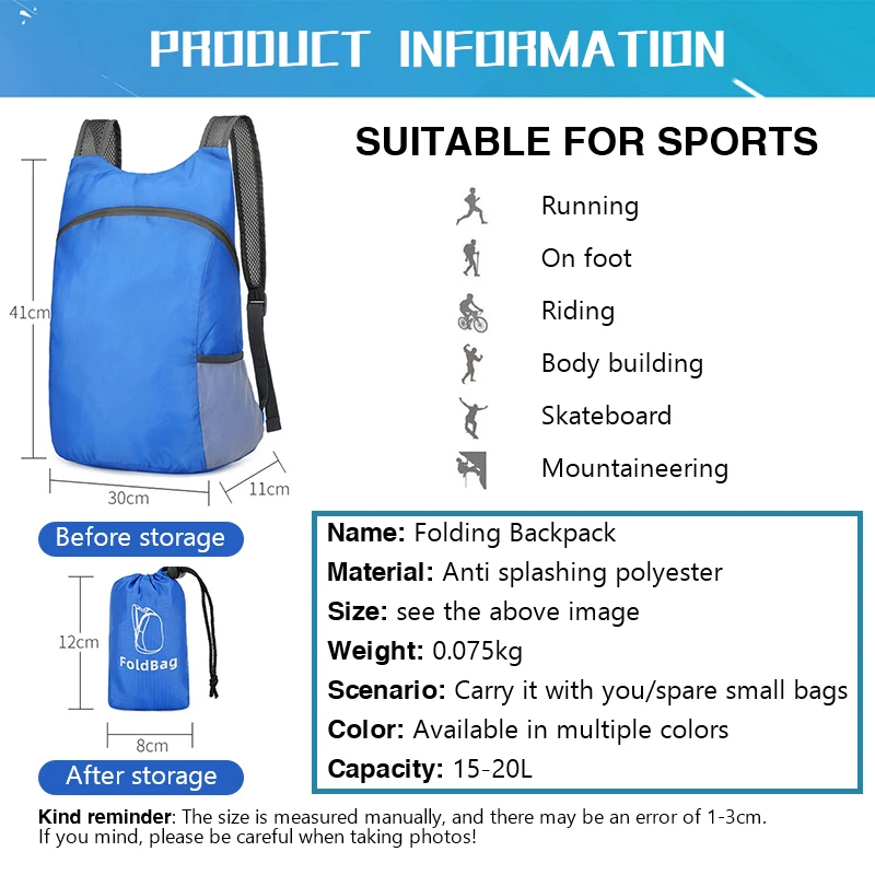 Tas punggung lipat ultra ringan 20l, tas punggung olahraga, tas sehari-hari, tas lipat luar ruangan, ultra ringan, 20l untuk pria wanita