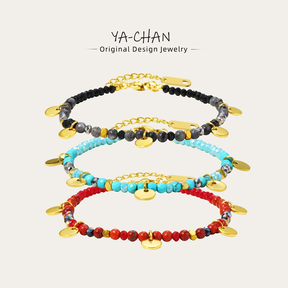 

YACHAN Colorful Natural Stone Bead Handmade Link Bracelet Beaded Stainless Steel Bangle Y2K Bohemia Fashion Trendy Charm Jewelry
