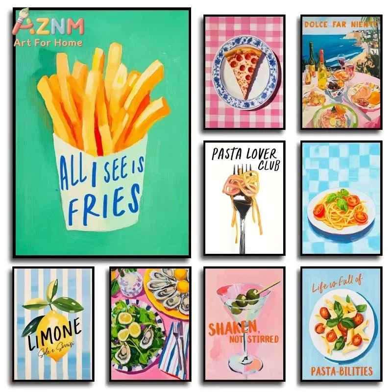 AZNM Retro Colorful Food Canvas Wall Art Italian Pasta Pizza Fries Cocktail Lemon Art Print Fun Kitchen Dining Room Decor Poster