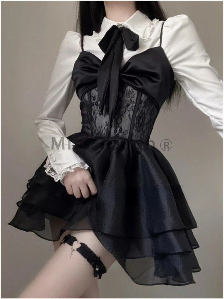 Hepburn Sexy Bow Patchwork Lace Dress Set Women Elegant Solid Shirt + Straps Mini Dress Suit Y2k Autumn Fashion Two Piece Sets