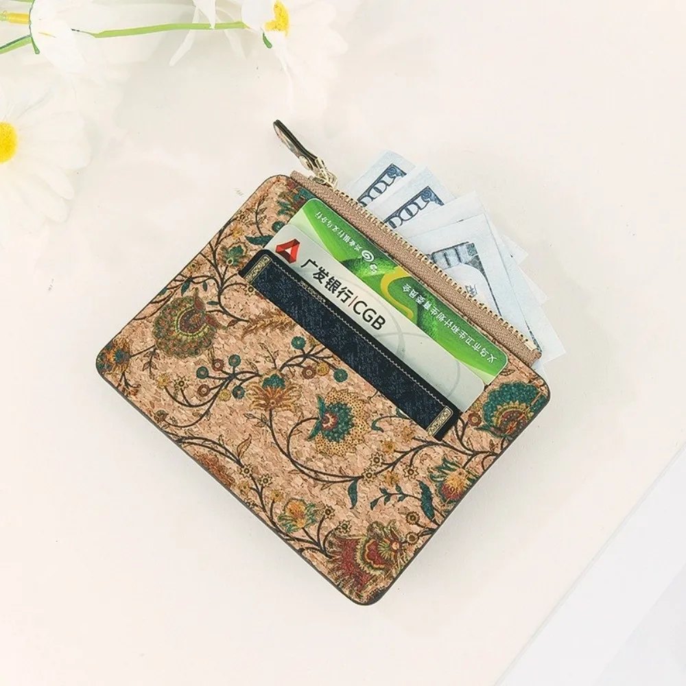 Retro Ethnic Style Coin Purse Multi-slot Cork Wood Credit Card Holder Ultra-thin Portable Zipper Small Wallet