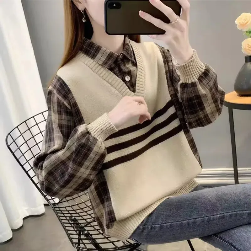 Early Autumn Two-Piece Illusion Sweater Women's New Outer Wear Striped Shirt Collar Fashionable Stylish Thin Inner Knitted Top