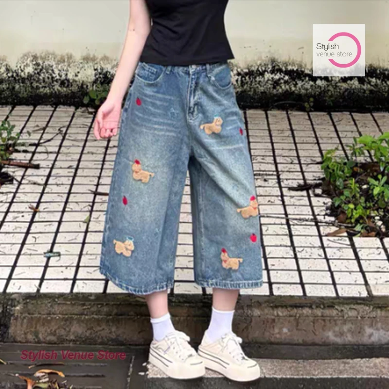 American retro fun cartoon embroidery puppy blue denim cropped pants female summer new fashion temperament niche Joker shorts.