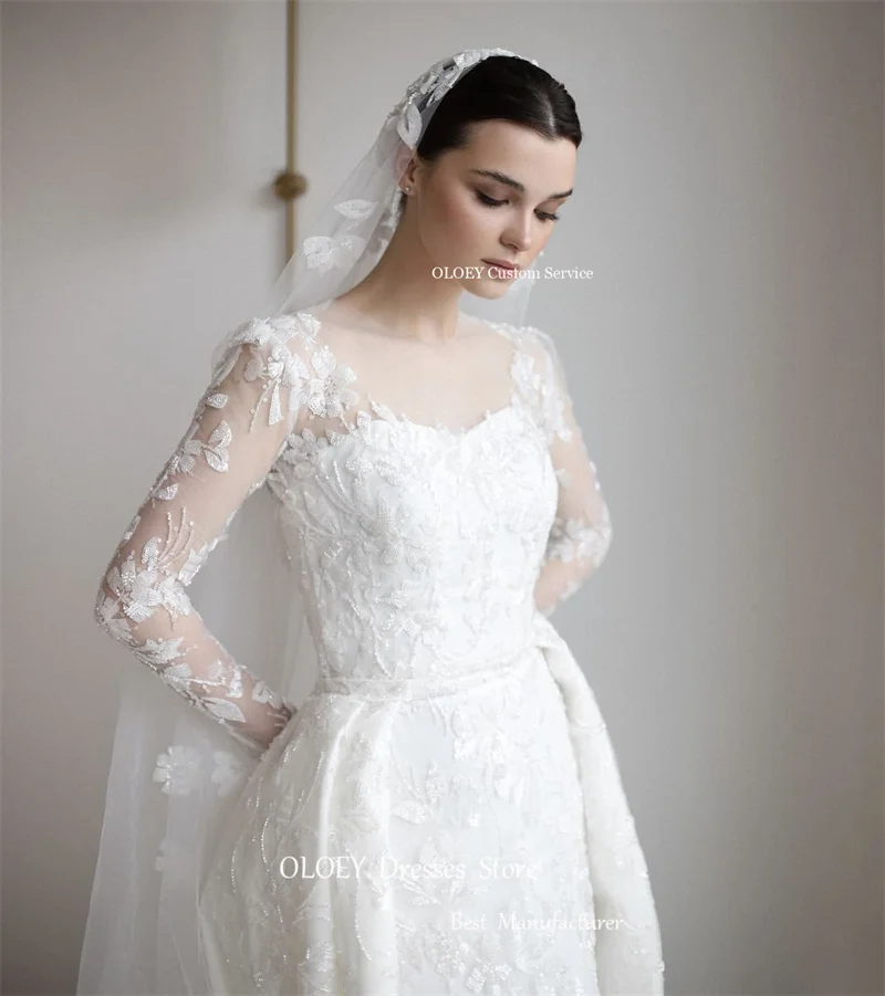 OLOEY Princess Lace Applique A Line abiti da sposa arabi musulmani maniche lunghe gioiello collo chiesa abiti da sposa velo elegante