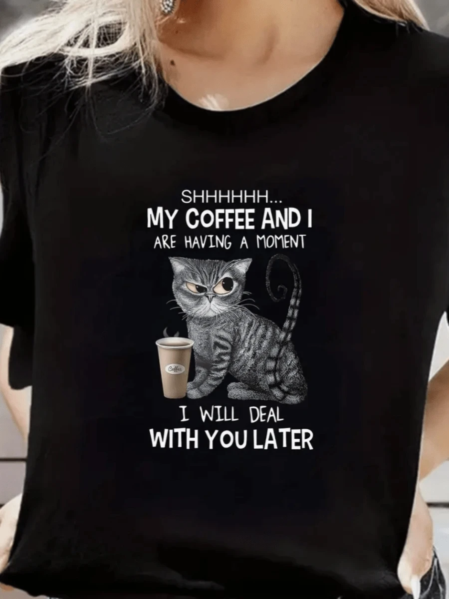 

Women Tee Shirt Funny Cat And Letter Graphic T-Shirt Casual Tee Creativity Design Short Sleeves Round Neck Spring and Summer