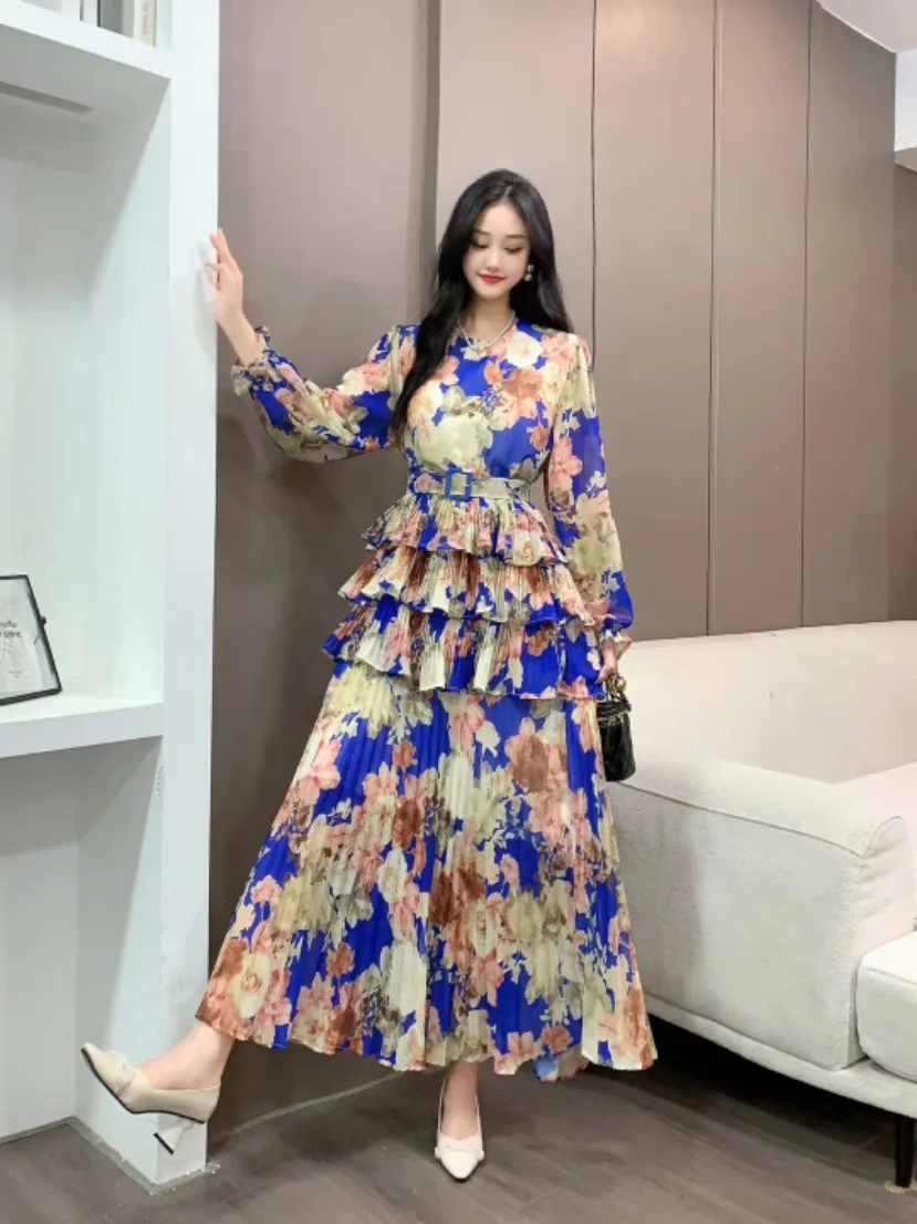 2024 New Spring Autumn Women Long Sleeve Belt Slim Long Dress High Quality Sweet Pleated Cake Big Hem Floral Muslim Dress