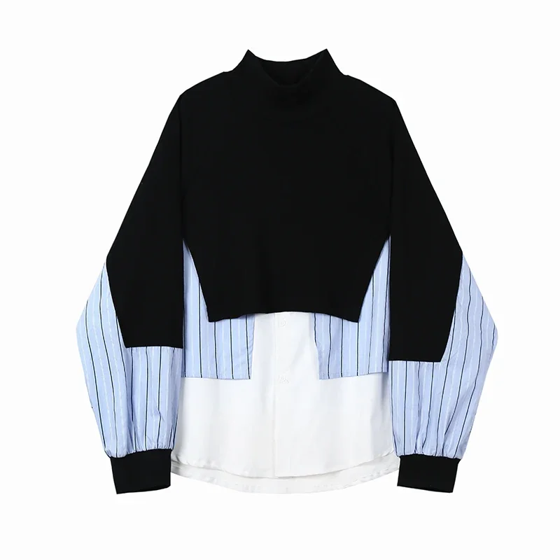 Men\'s Turtlenneck Splice Stripe Shirt Pullover Sweatshirt Male Streetwear Hip Hop Korean Fashion Long Sleeve Hoodie Menswear